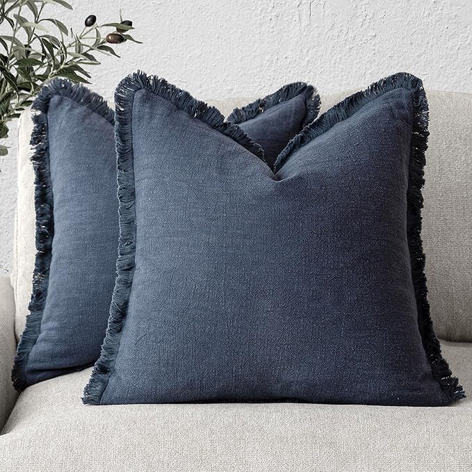 Foindtower Set of 2 Decorative Linen Fringe Throw Pillow Covers Cozy Farmhouse Boho Cushion Cover with Tassels Soft Accent Pillowcase for Couch Sofa Bed Living Room Home Decor 20×20 Inch Navy Blue