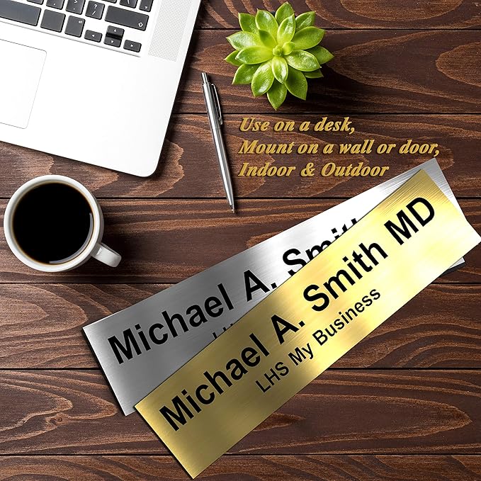 Custom Name Plate with Choice of Mounting for Walls, Doors, Cubicles, Hanging and More - Personalized Ivory Plastic Brown Letters - USA Made 2x10 - B5