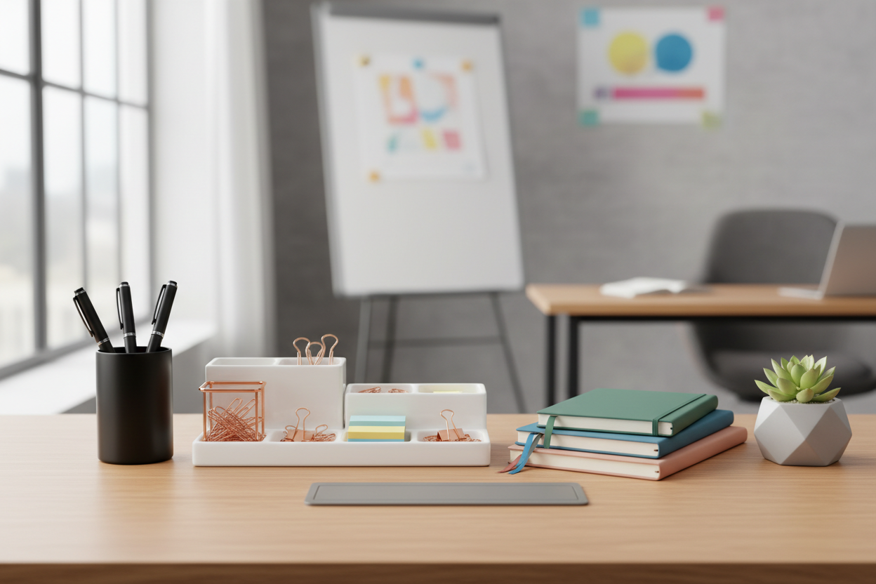 At DeskJoy, we’re more than just an office supplies store—we’re your partner in creating a workspace that inspires productivity, creativity, and joy. From pens that glide smoothly on paper to organizers that keep your desk clutter-free, every product we offer is carefully selected to make your workday easier and more enjoyable. (make it real photo)