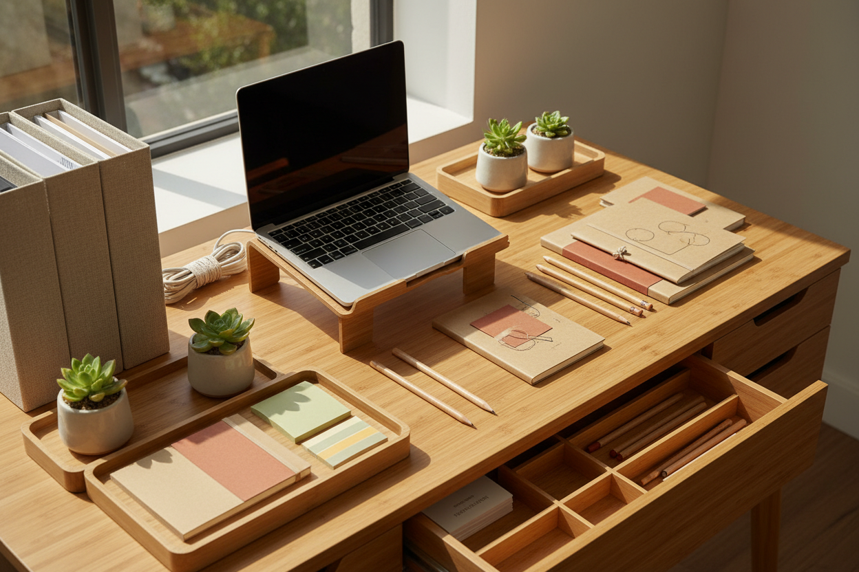 Desk Essentials: Notebooks, planners, pens, pencils, and sticky notes designed to keep you organized.

Organization Tools: Desk trays, file holders, drawer organizers, and more to declutter and streamline your workspace.

Tech & Accessories: Laptop stands, cable organizers, and other smart gadgets for a modern desk setup.

Eco-Friendly Options: Sustainable stationery and office supplies for a greener, conscious workspace. (MAKE IT REAL PHOTO)