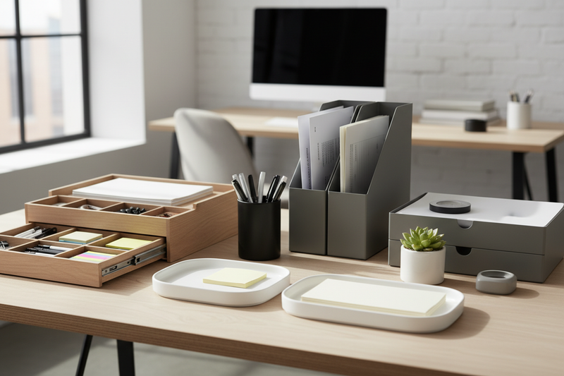 Desk Organizers & Storage Solutions

Description: Declutter your workspace with our stylish desk organizers. Trays, file holders, drawer organizers, and pen cups help you keep essentials within reach while maintaining a clean, efficient desk. (make it real photo)