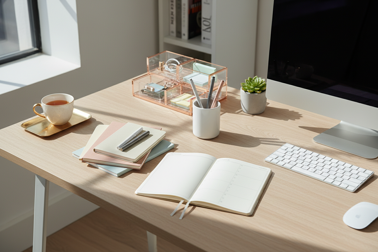 DeskJoy brings joy to your workspace with quality office supplies designed for productivity and style. From notebooks and pens to organizers and tech accessories, we provide tools that keep your desk organized, inspiring, and efficient—making workdays easier and more enjoyable. (make it real photo0
