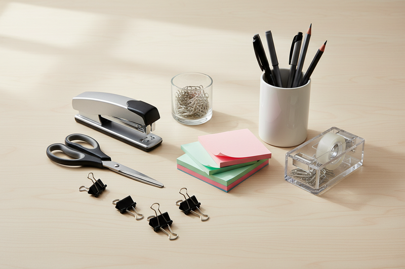 Office Accessories & Essentials

Description: From staplers and scissors to sticky notes and tape dispensers, DeskJoy provides all the little tools that make a big difference in your daily workflow. Functional, durable, and thoughtfully designed for everyday use. (make it real photo)